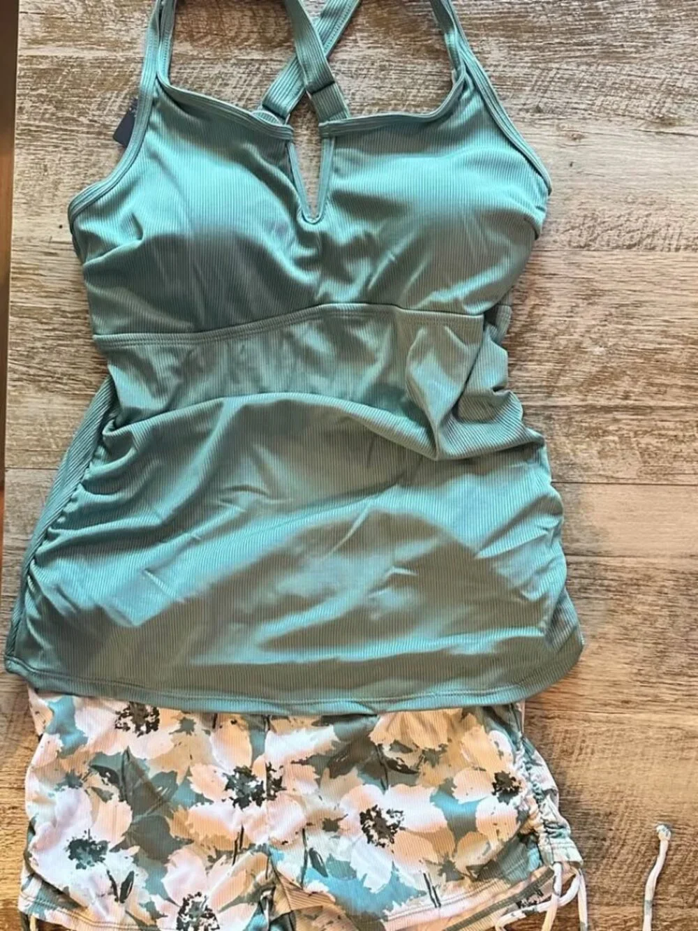 NWT Summer Mae Teal Ribbed Tankini Swimsuit Set with Floral Shorts Sz Small